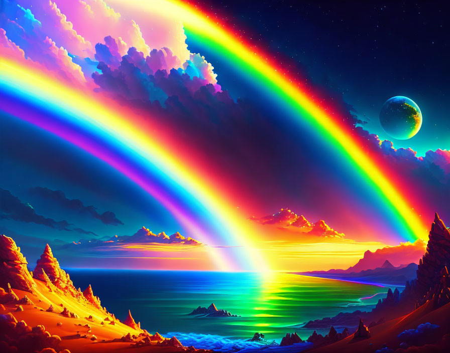 Colorful surreal landscape with rainbow spectrum over ocean and moonlit sky