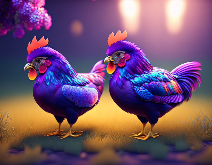 Vibrantly colored roosters with crowns in whimsical garden scene