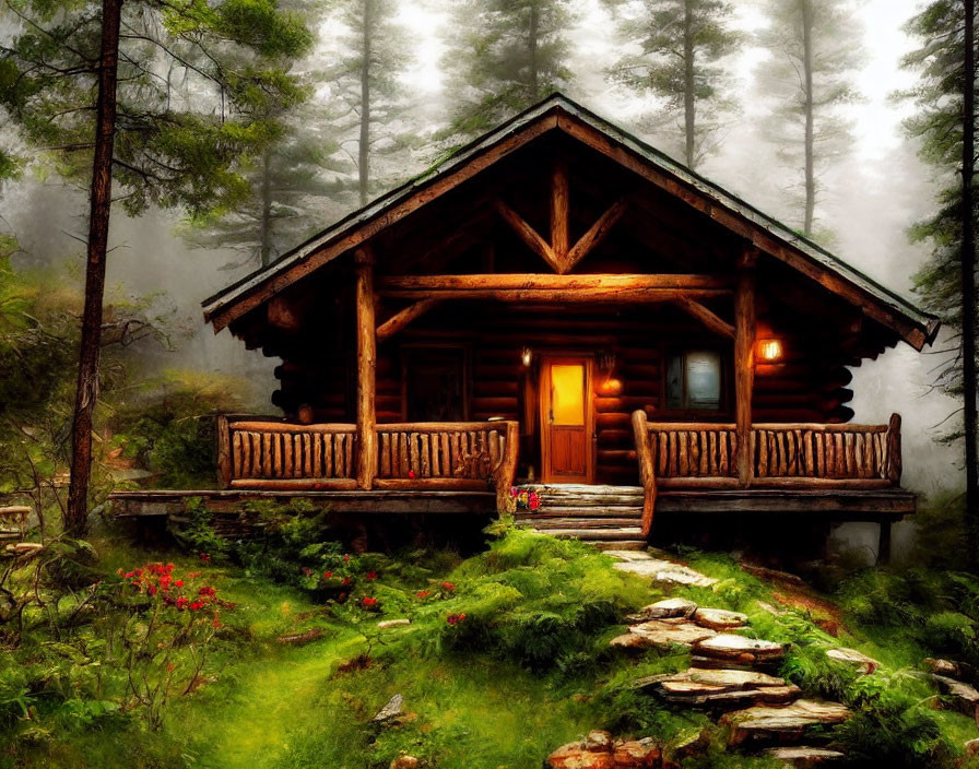 Rustic wooden cabin in misty forest with stone path and red flowers