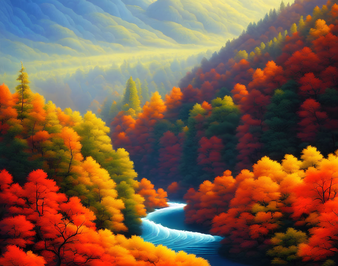 Scenic autumn forest with river in warm hues