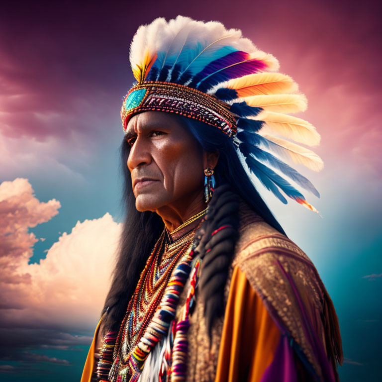 Person in Native American headdress and ornate clothing at twilight