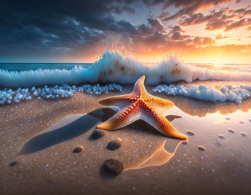 Starfish on Wet Sand at Sunset with Dynamic Waves and Bubbles