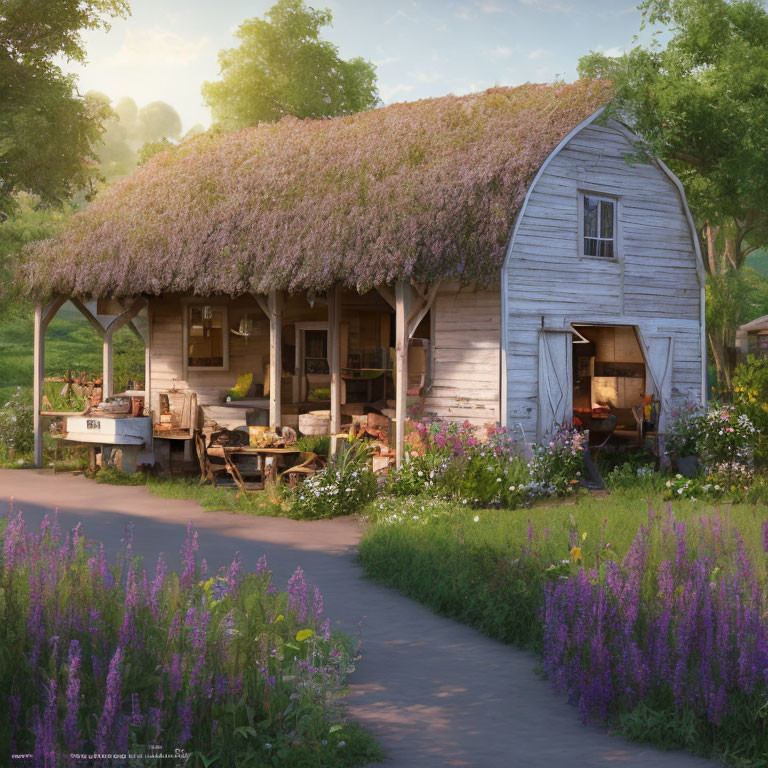 Rustic wooden barn with thatched roof in greenery and wildflowers