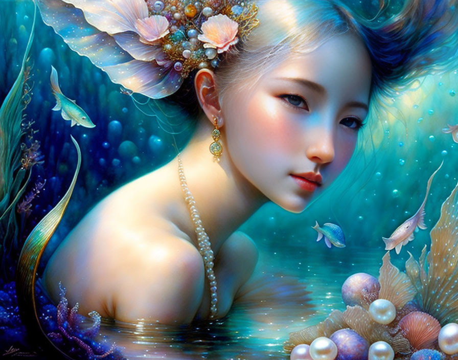 Vibrant surreal portrait of woman with aquatic and floral elements