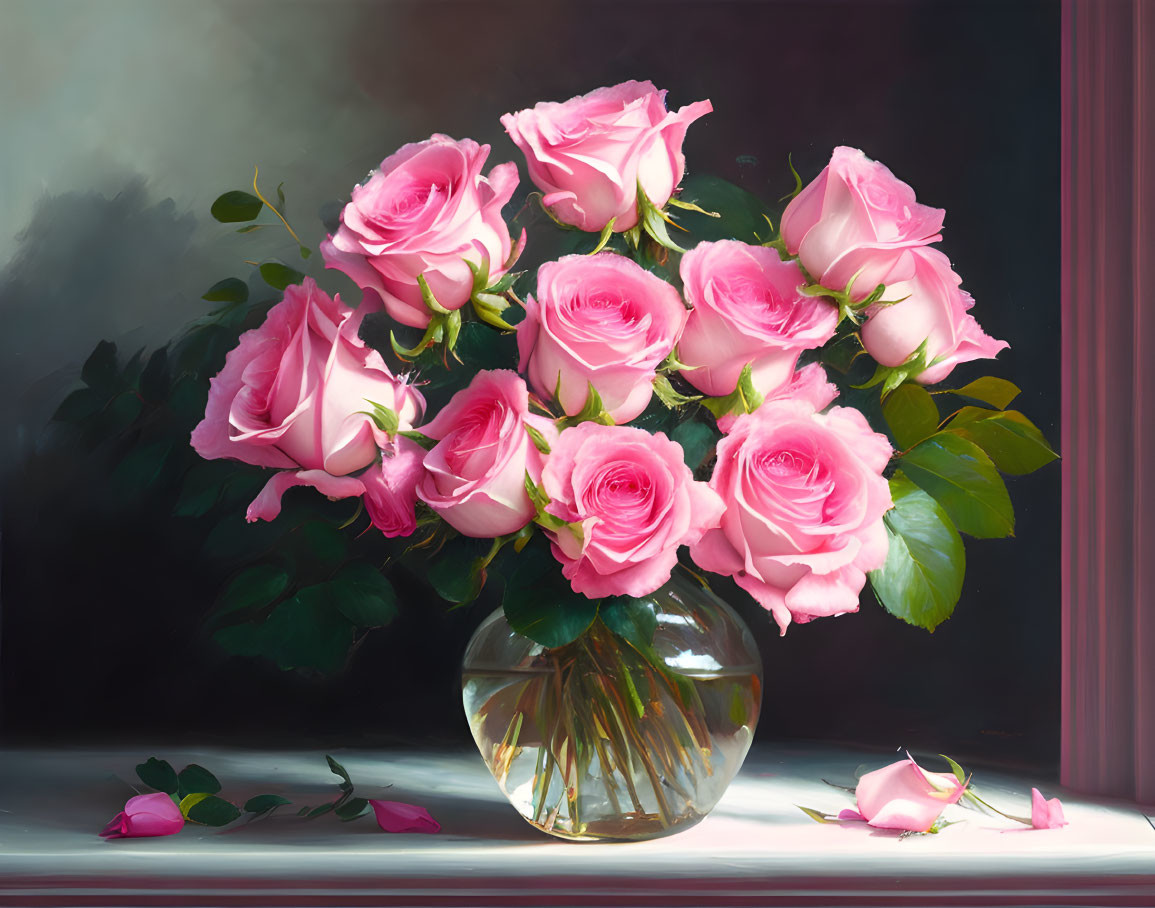 Pink roses bouquet in glass vase on windowsill with sunlight filtering through