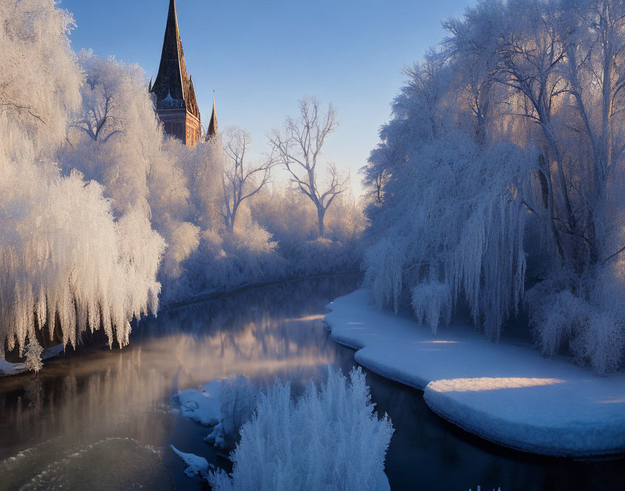 Winter landscape: Frost-covered trees by river with church spire and mist at sunrise