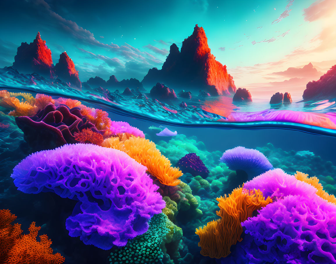 Colorful Sunset Sky Over Vibrant Underwater Coral Reef