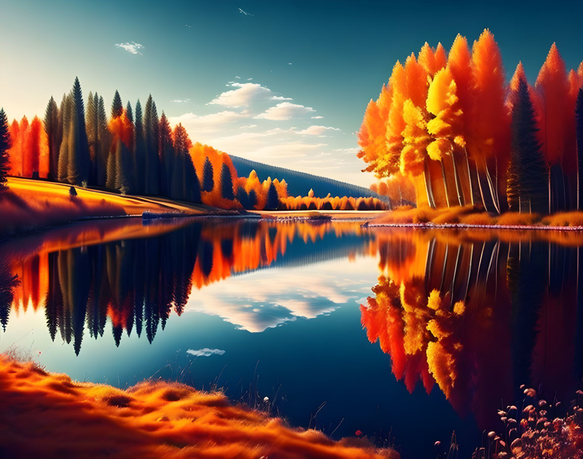 Autumn trees reflected in serene lake under clear blue sky