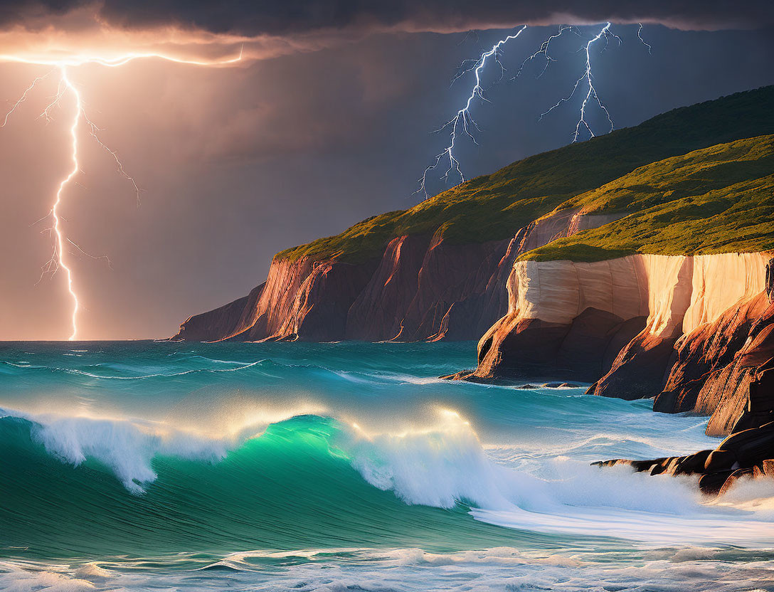 Coastal Scene: Rolling Waves, Cliff Caves, Lightning Storm