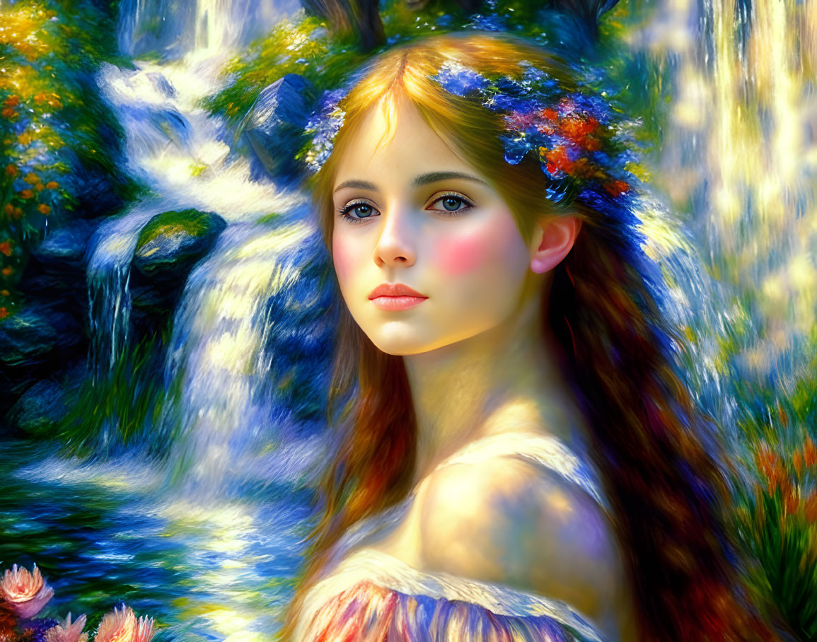 Woman portrait with floral hair adornments against waterfall backdrop