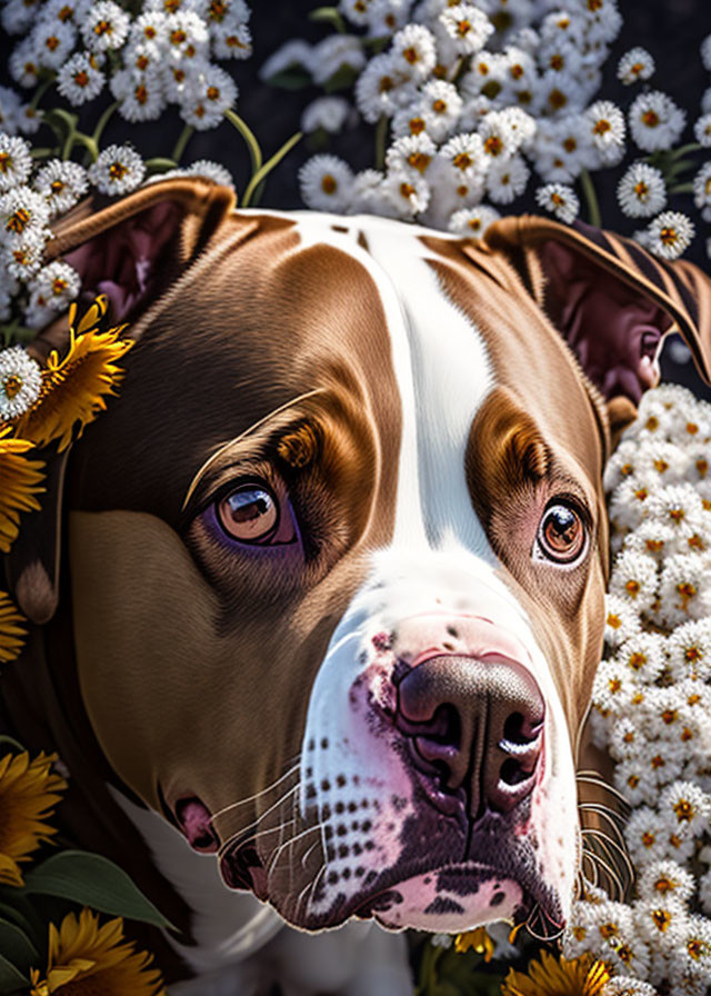 Brown and White Dog with Soulful Eyes Surrounded by White Flowers on Dark Background