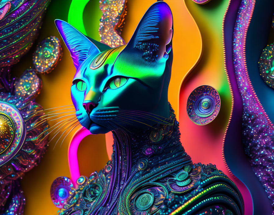 Colorful Stylized Cat Artwork with Psychedelic Background