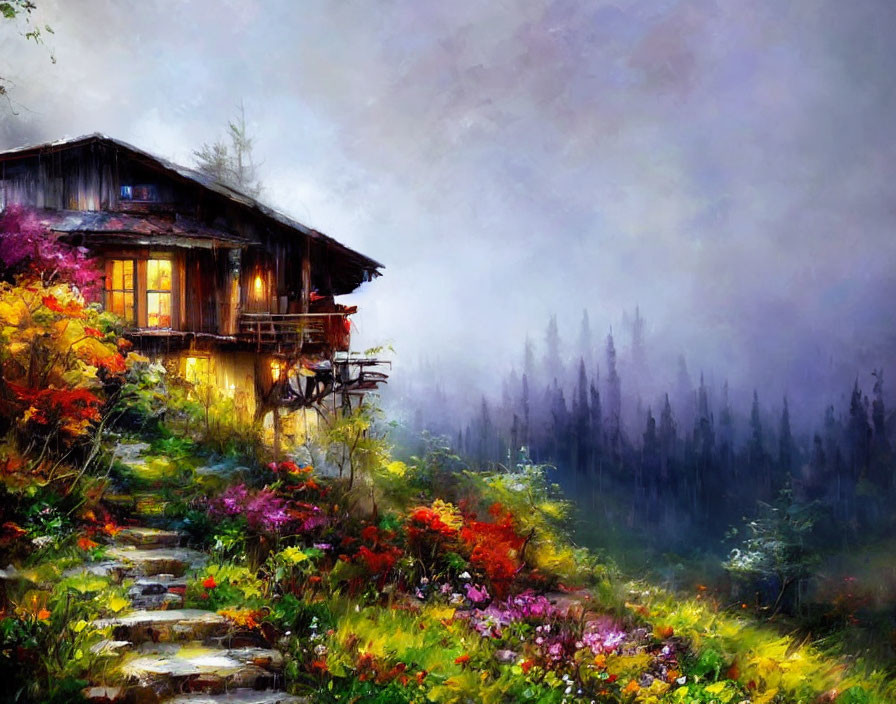 Secluded cabin in misty forest with colorful flora