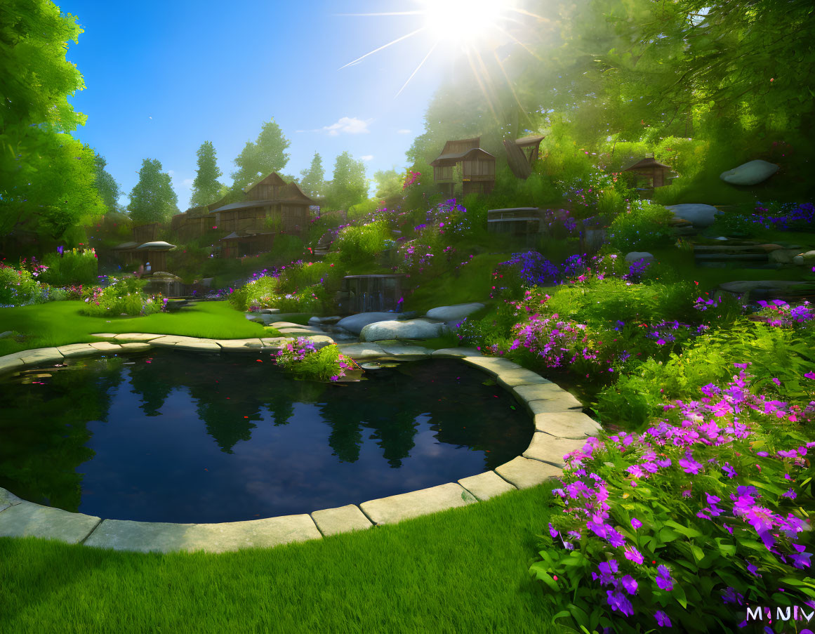 Tranquil garden with lush greenery, purple flowers, pond, stepping stones, and wooden houses