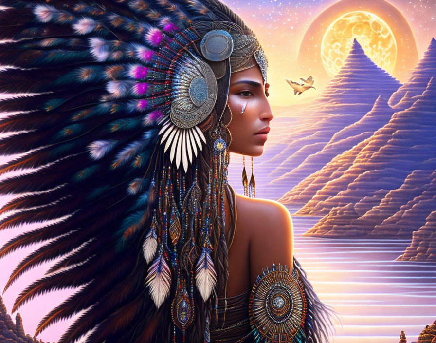 Digital Artwork: Woman with Feather Headdress, Mountains, Moonlit Sky, Eagle