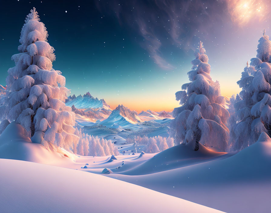 Snow-covered winter landscape with starry sky and glowing horizon