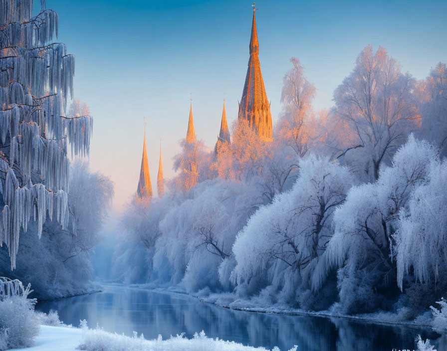 Winter landscape: frost-covered trees, frozen river, distant cathedral in soft morning light