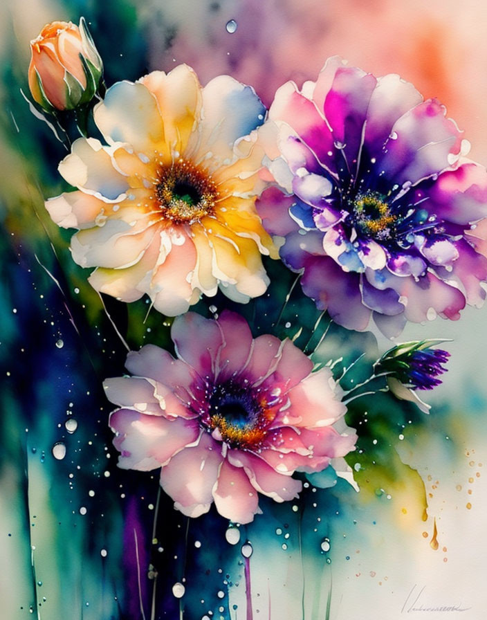 Colorful Watercolor Painting of Blooming Flowers in Purple, Orange, and White