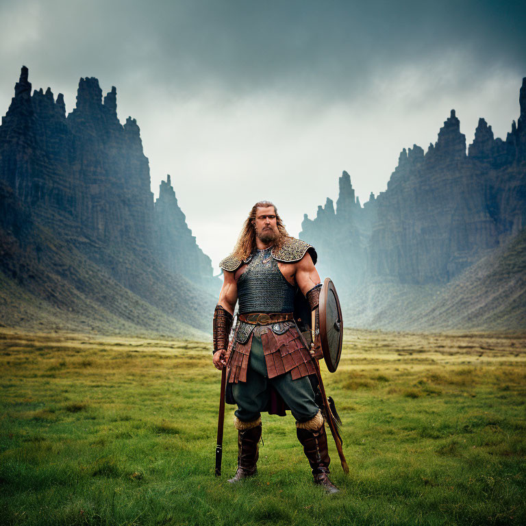 Viking warrior in armor with sword and shield in green field