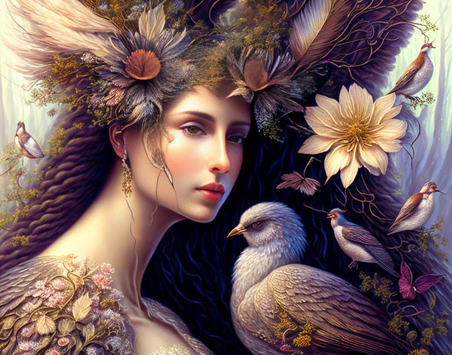 Elaborate headdress with flowers, foliage, and birds on woman in nature-inspired portrait