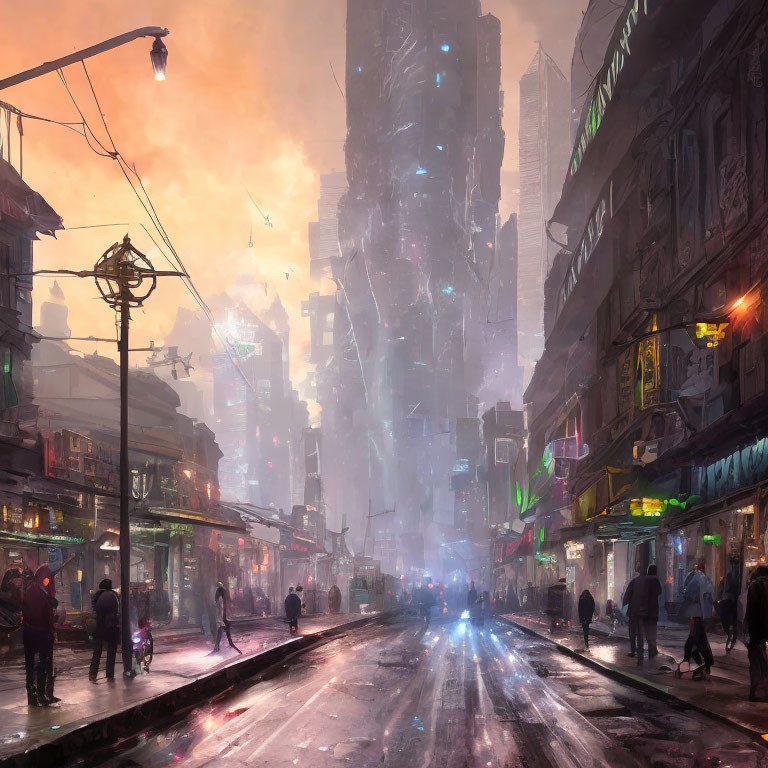 Busy futuristic city street with neon signs, towering buildings, and misty backdrop