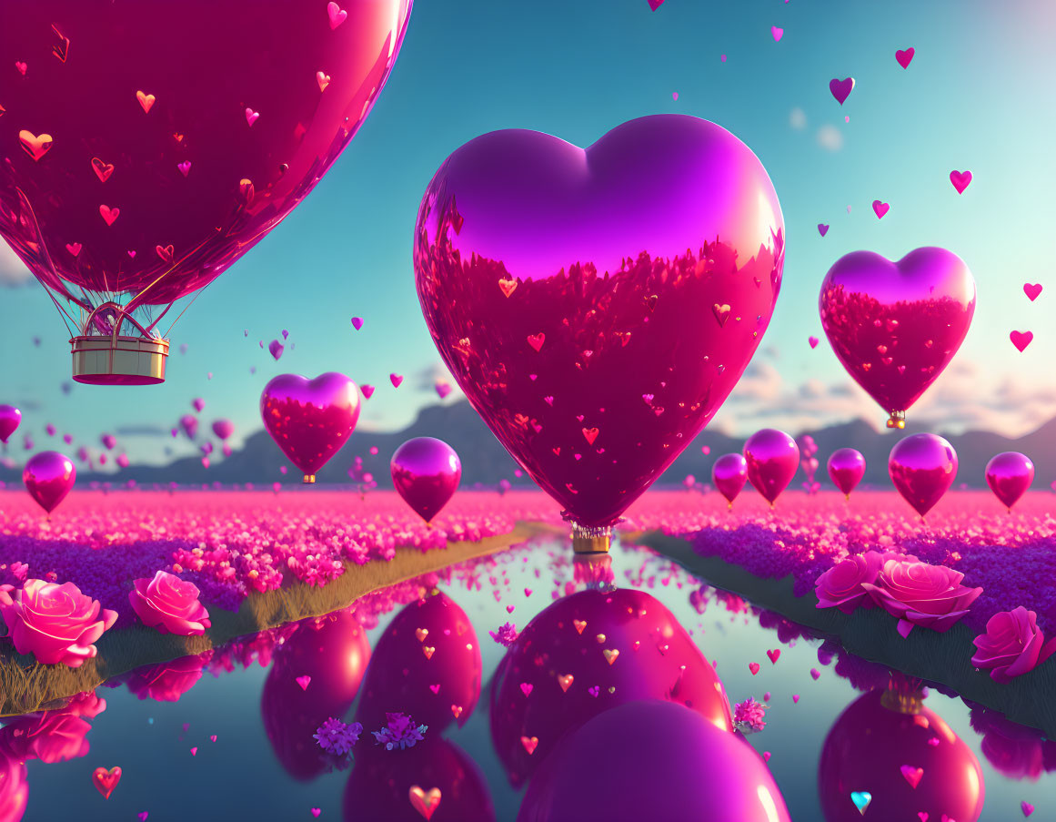 Fantasy landscape with heart-shaped balloons above a rose-lined path