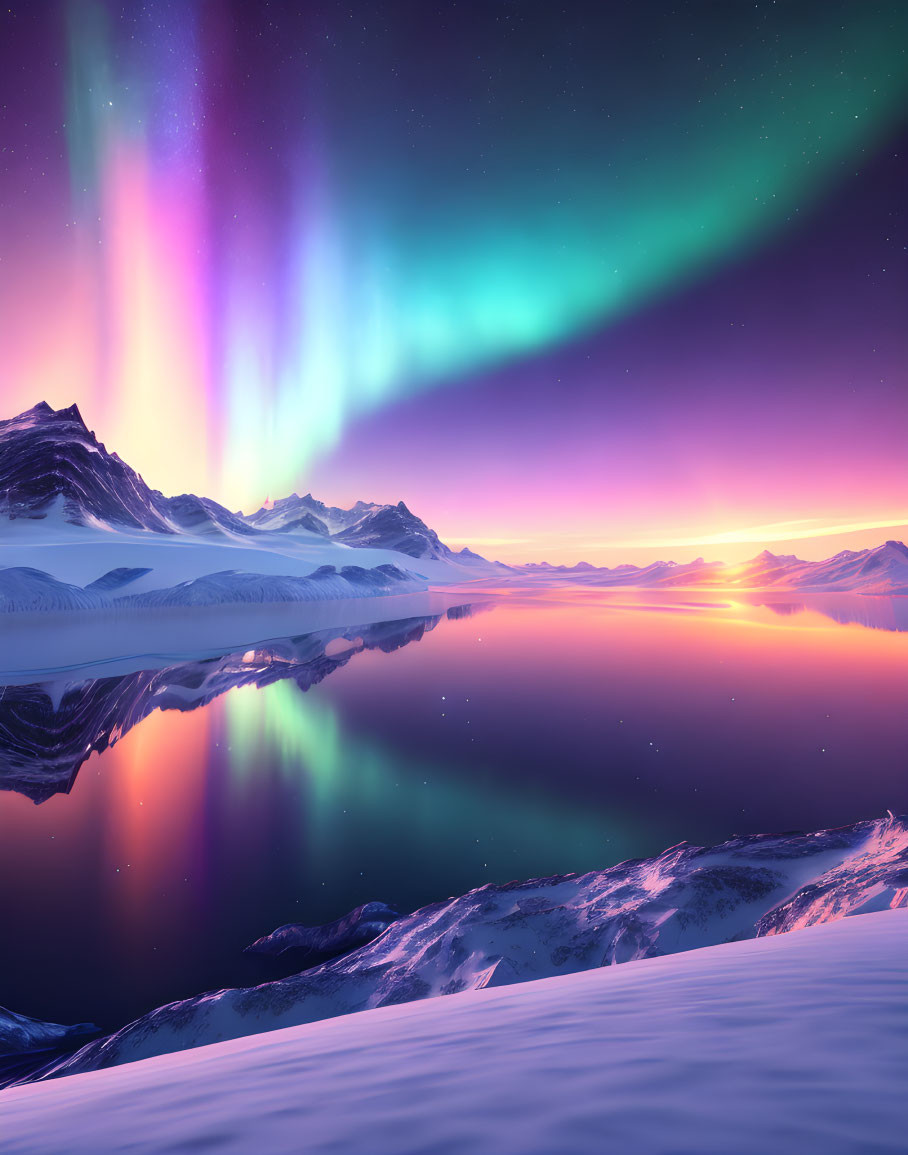 Colorful Aurora Borealis Over Snowy Mountain Landscape