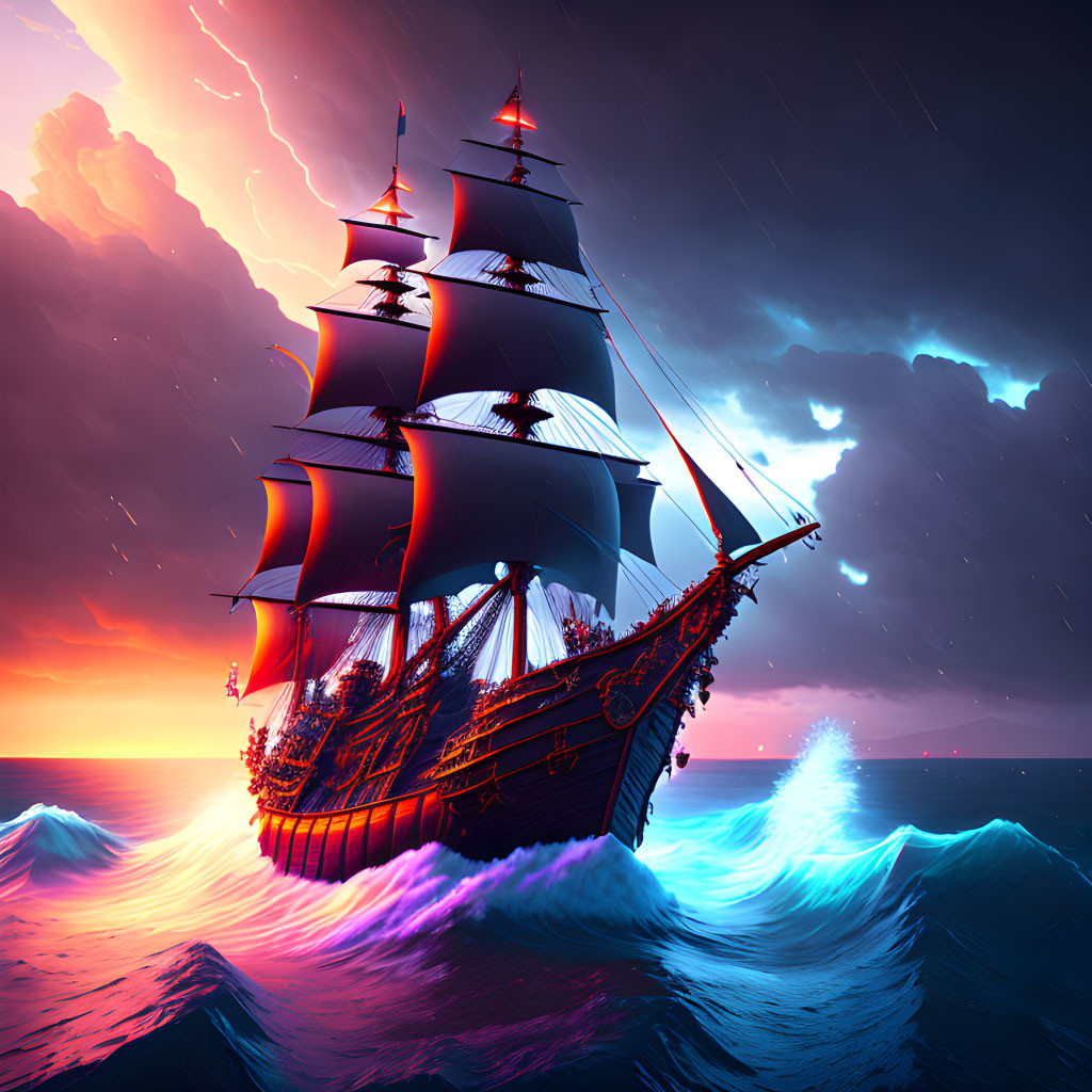 Majestic sailing ship on glowing blue waves under stormy sky