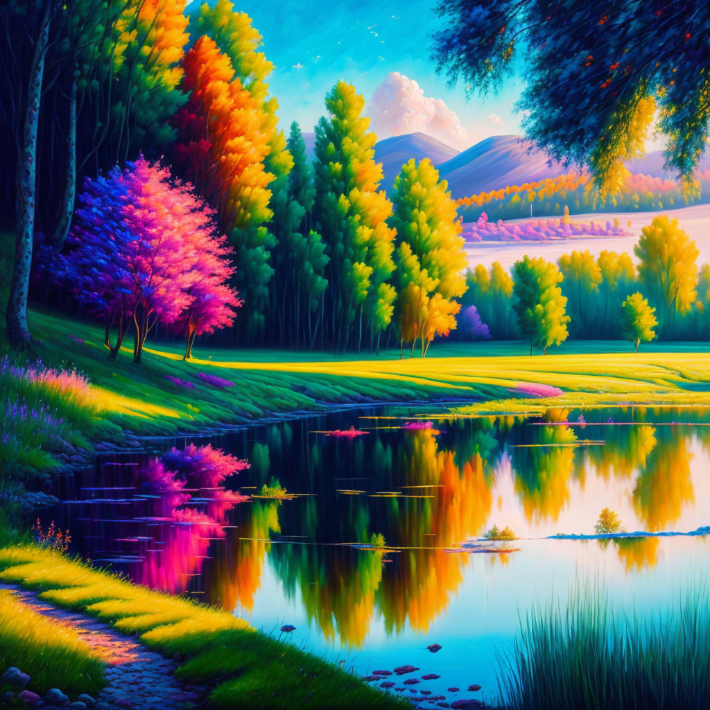 Colorful Landscape with Tranquil Lake and Vibrant Trees