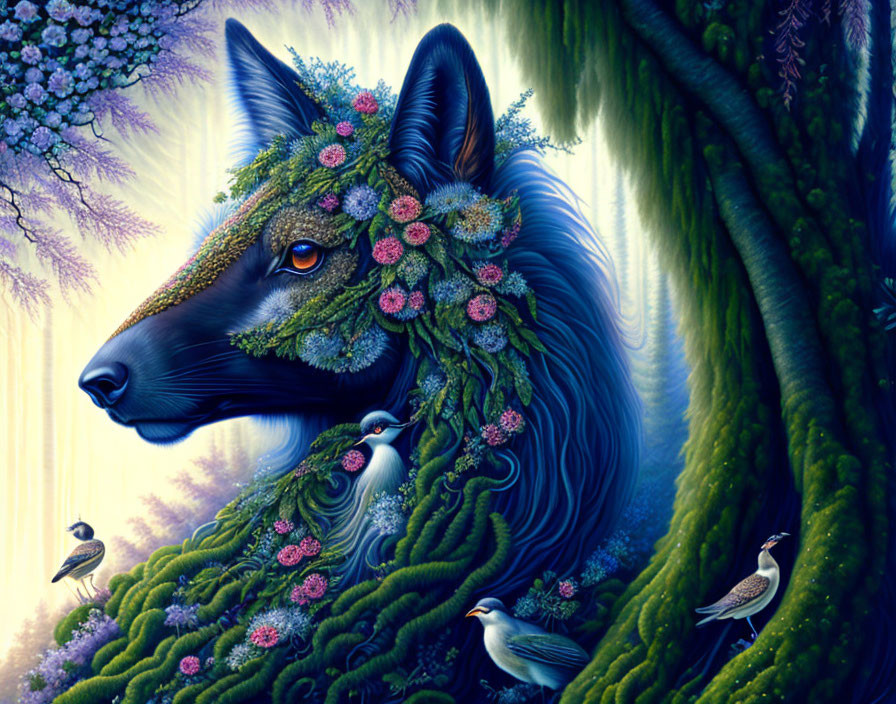 Colorful Wolf Illustration with Green Foliage Mane and Birds in Enchanted Forest