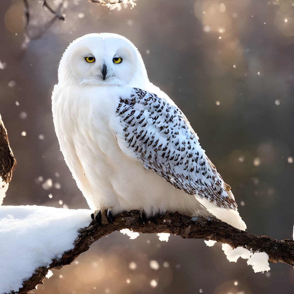 Snowy Owl Perched on Snow-Covered Branch with Yellow Eyes