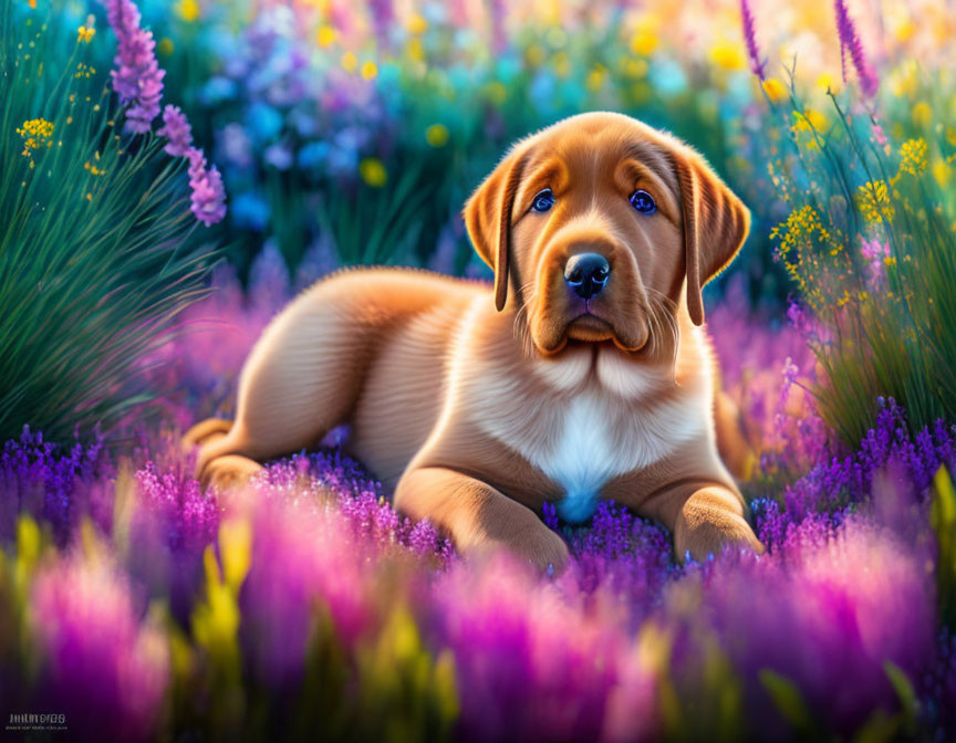 Brown Puppy with Blue Collar in Vibrant Flower Field