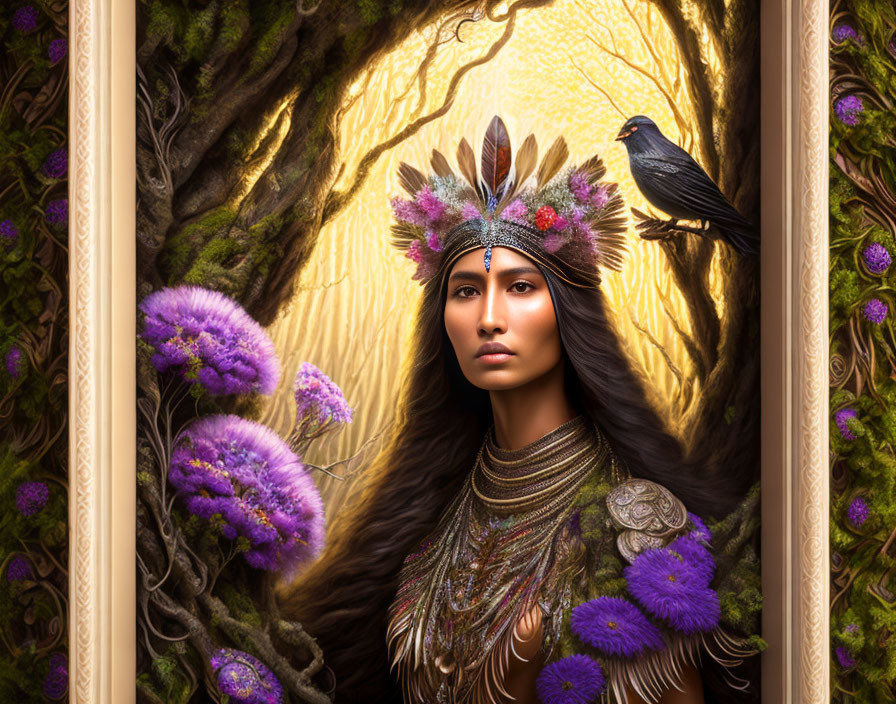 Woman with Feather Headdress and Raven in Golden Frame