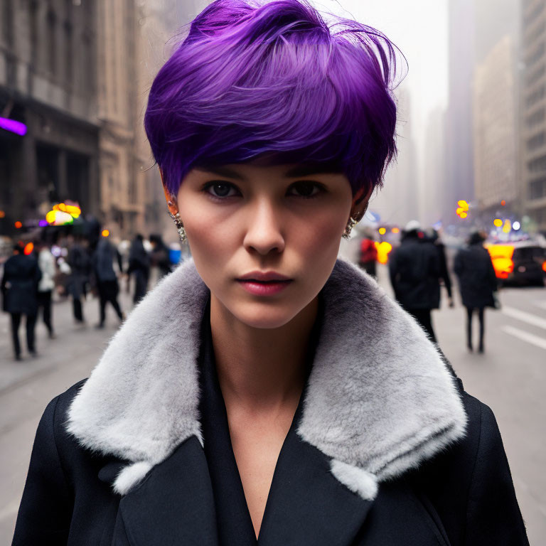 Person with Striking Purple Hair in Black Coat on City Street