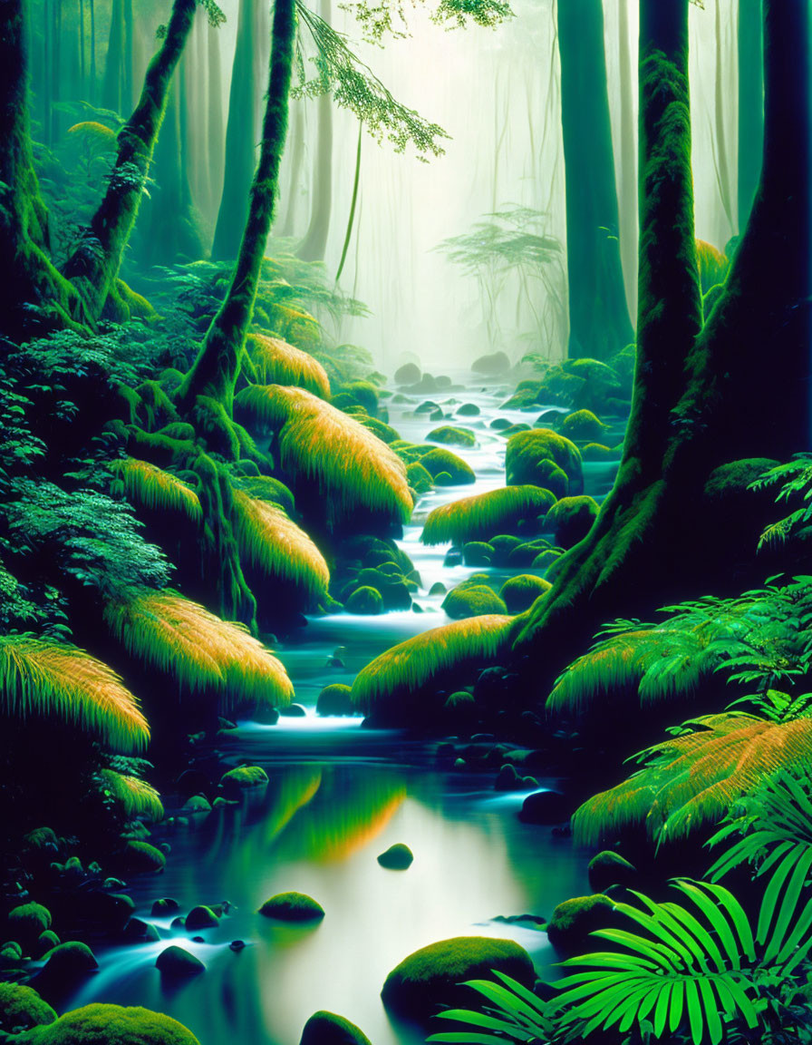 Serene forest scene with green moss, stream, and ethereal fog