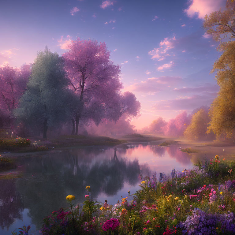 Tranquil dawn landscape with river, flowering trees, and wildflowers