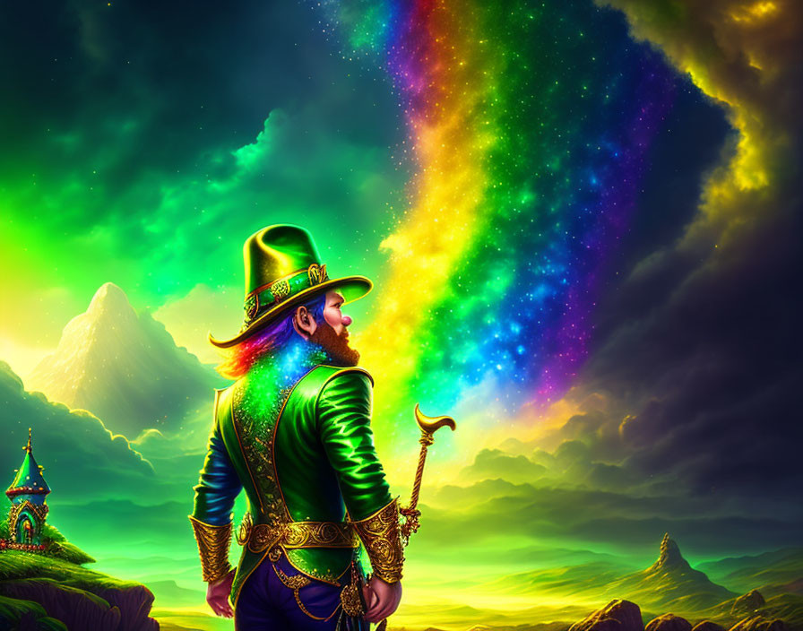 Colorful Artwork: Man in Green Suit and Top Hat in Cosmic Fantasy Landscape