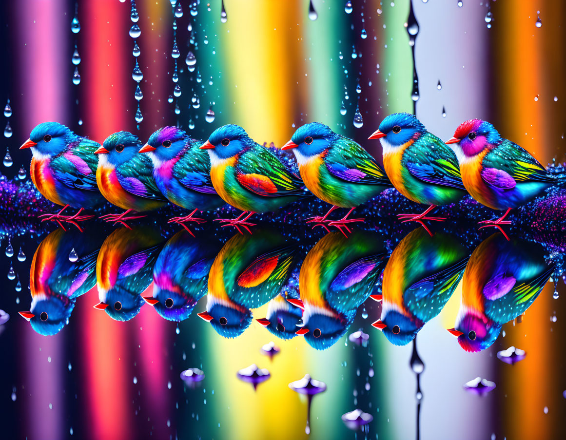 Multicolored Birds Perched with Reflections on Glossy Surface