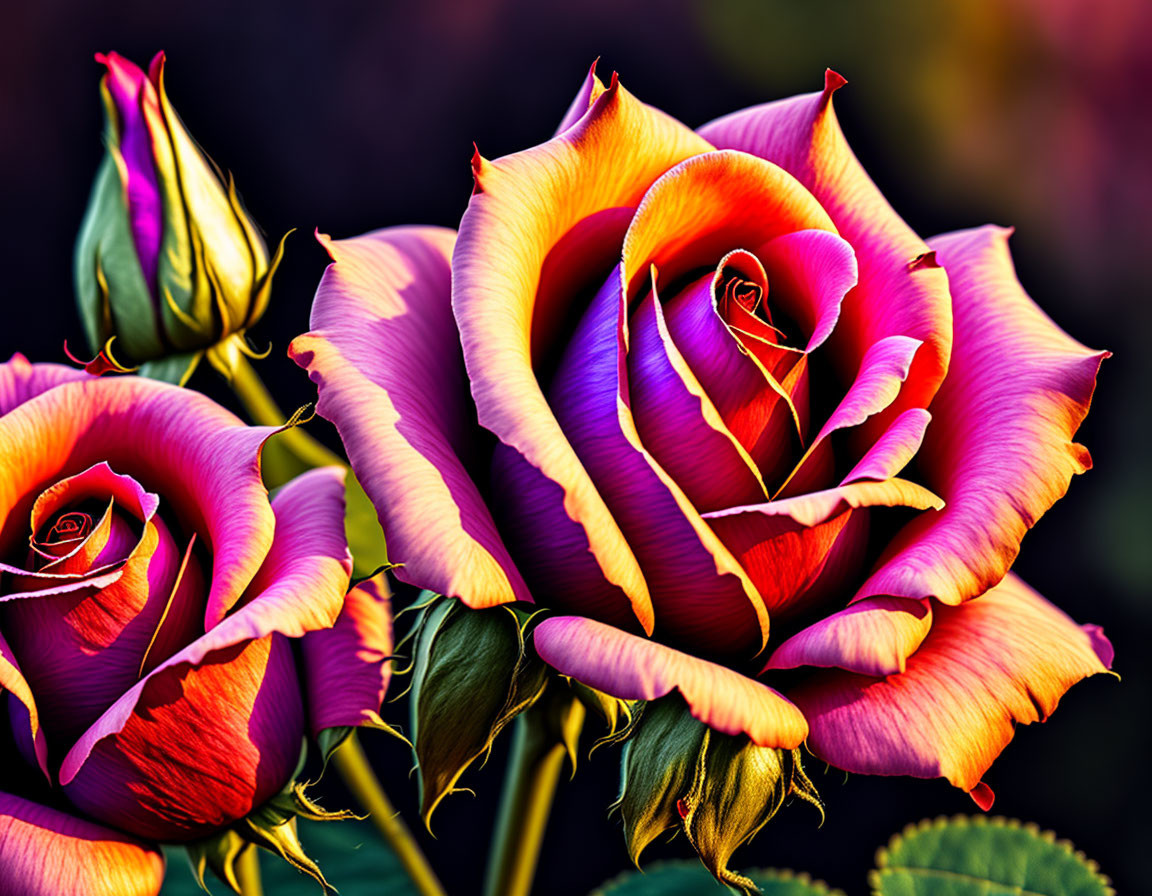 Multicolored Roses in Full Bloom Against Dark Background