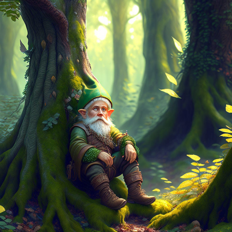 Elderly bearded fantasy gnome in green attire in magical forest