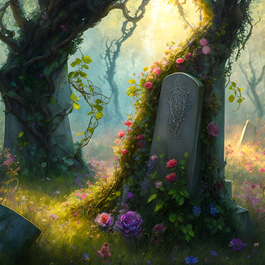 Serene forest clearing with sunlight on gravestone & flowers