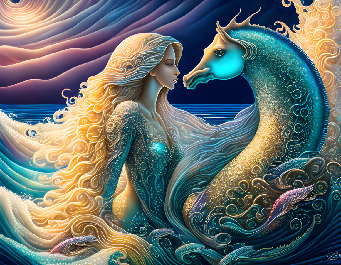 Fantastical illustration of woman with golden hair and blue seahorse creature in ornate patterns.