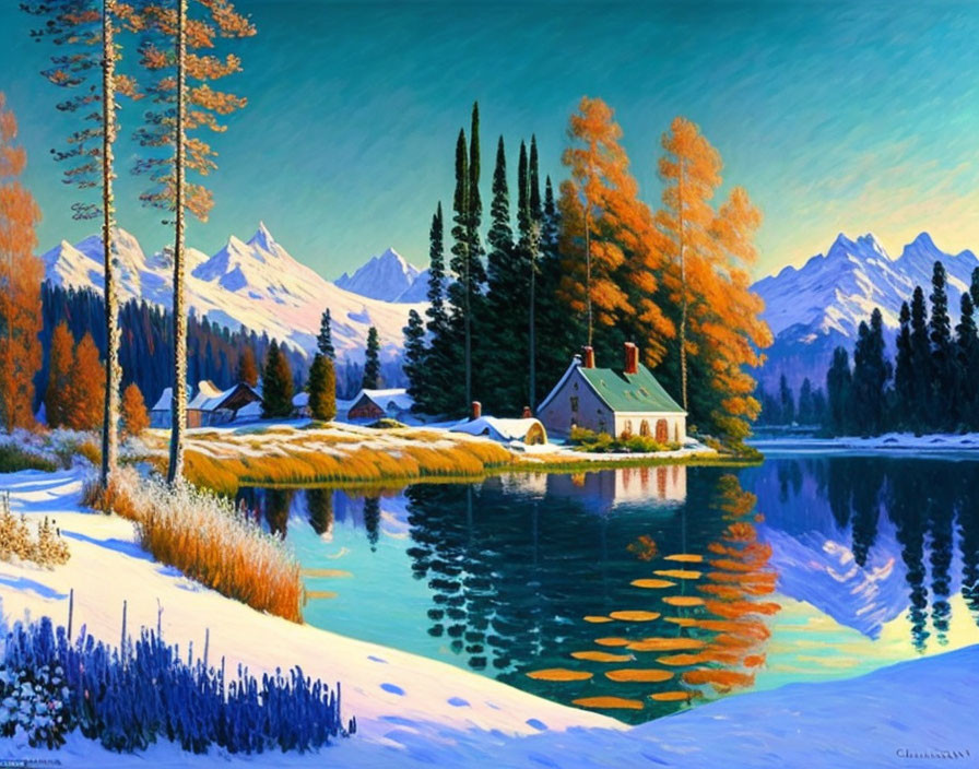 Scenic painting of lakeside house in autumn landscape