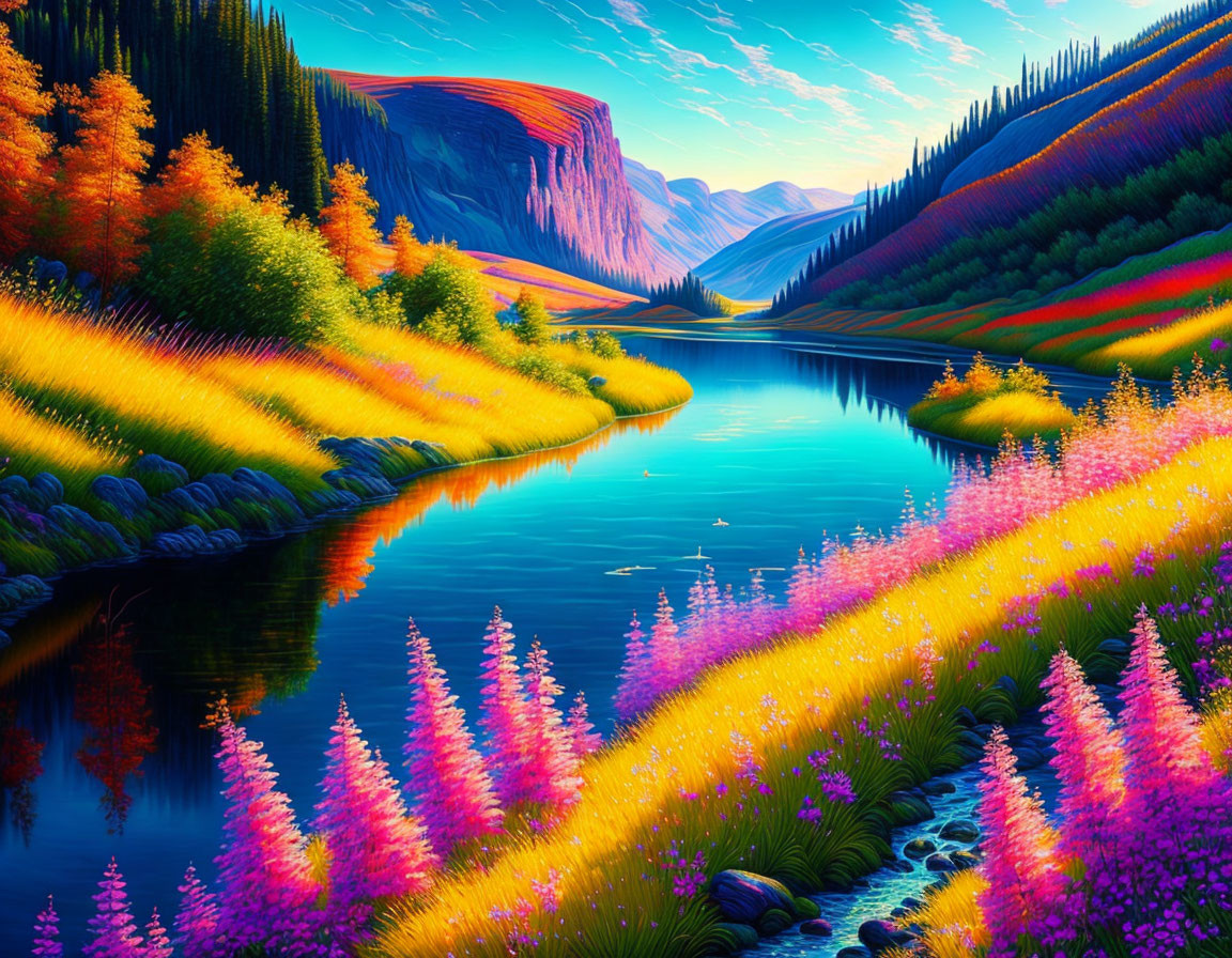 Colorful surreal landscape with vibrant river and whimsical trees