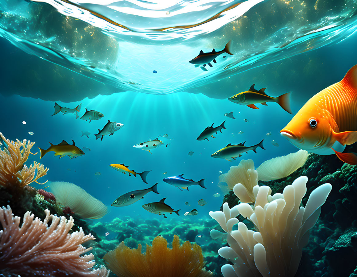 Vibrant coral reefs with colorful fish under sunlight