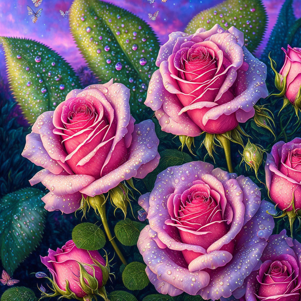 Pink Roses with Dewdrops and Butterflies on Purple Background