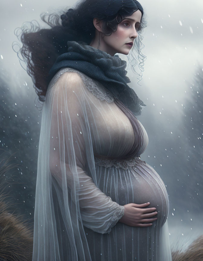 Dark-haired pregnant woman in vintage sheer clothing amidst misty snowy landscape