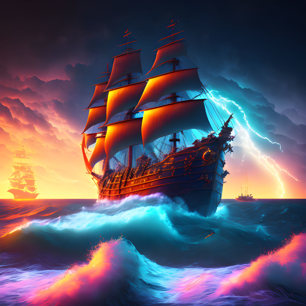 Colorful digital artwork: tall ships in stormy sea with lightning