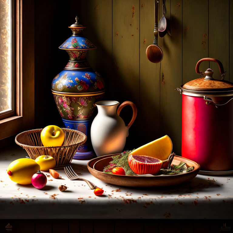 Colorful ceramics, fruits, and utensils on dark background