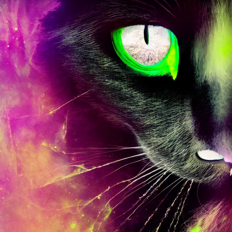 Black cat with vibrant green eyes on cosmic purple background